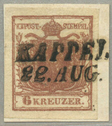 1850, 6 Kr., braun, Abstempelung KAPPEL, unterlegte Mitte, durchwegs ...