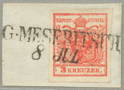 2 kr., red, cancelled G. MESERITSCH, wide margins, on piece, very ...