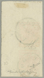 1850, 5C, yellow, vertical pair, huge top right corner margin piece, ...