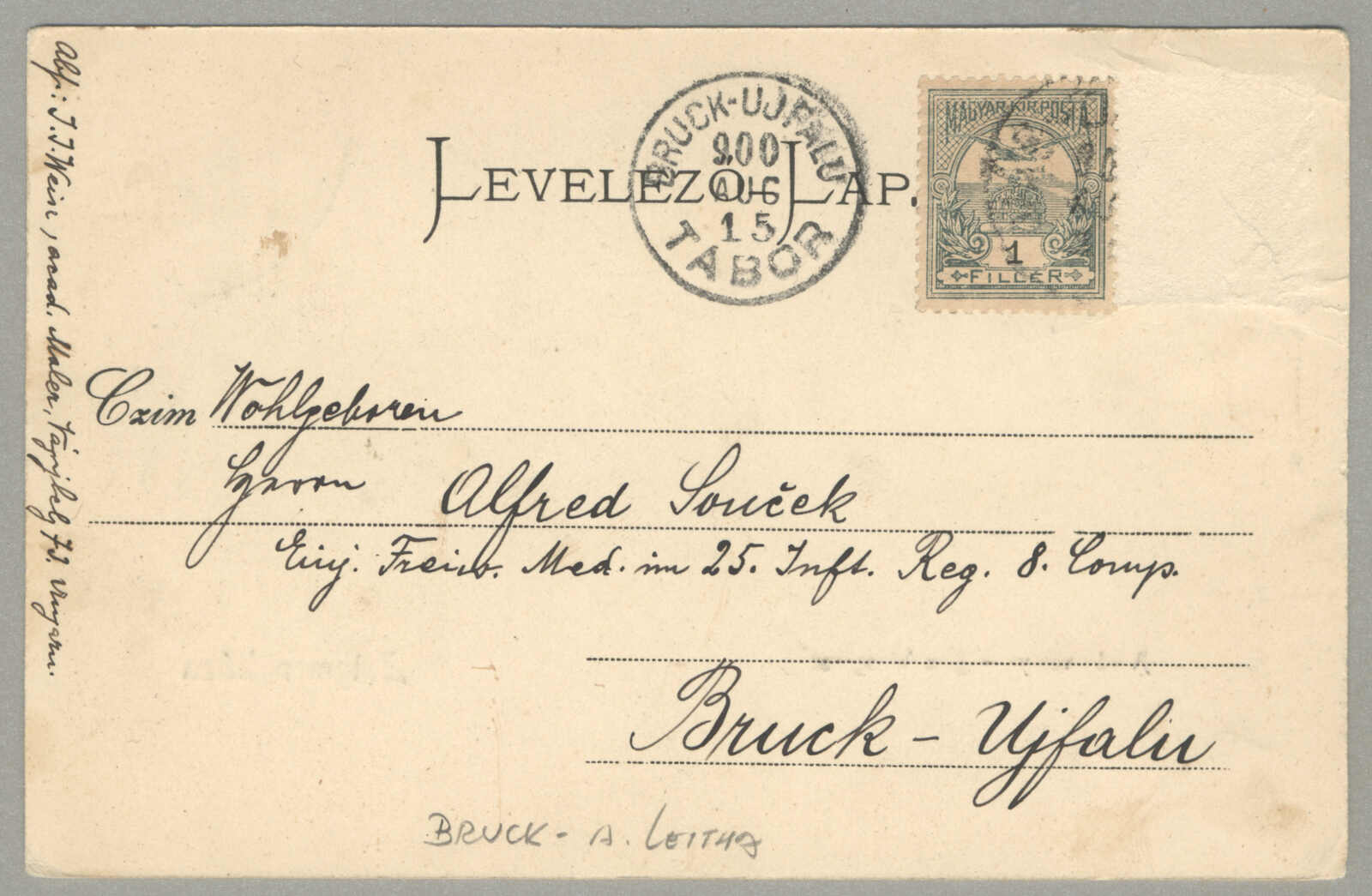 1900, ZSIGMONDHAZA postcard sent to BRUCK-UJFALU TABOR (Burgenland), ...