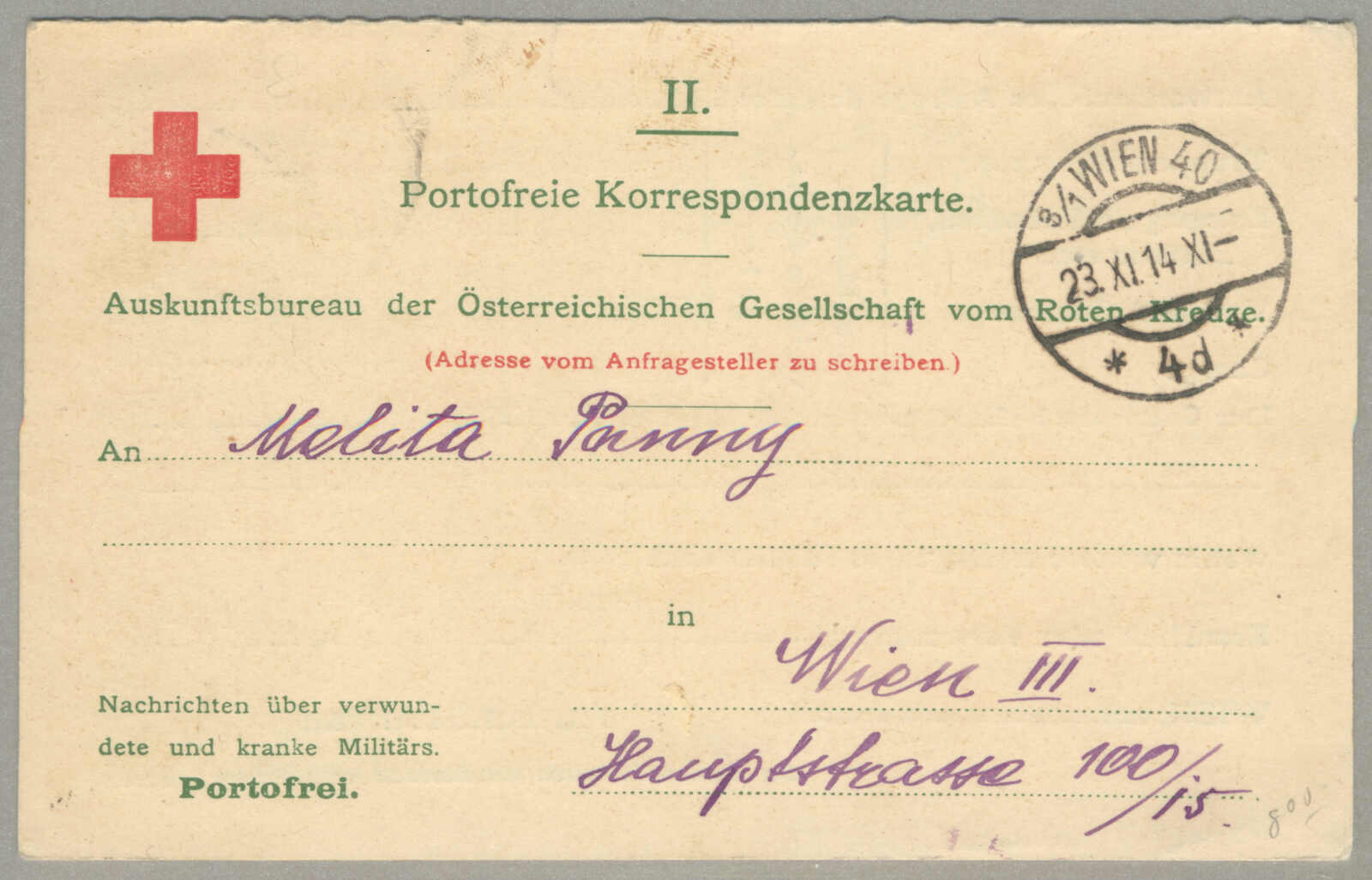 1914, from Wien to Agram, modern day Zagreb, military correspondence ...