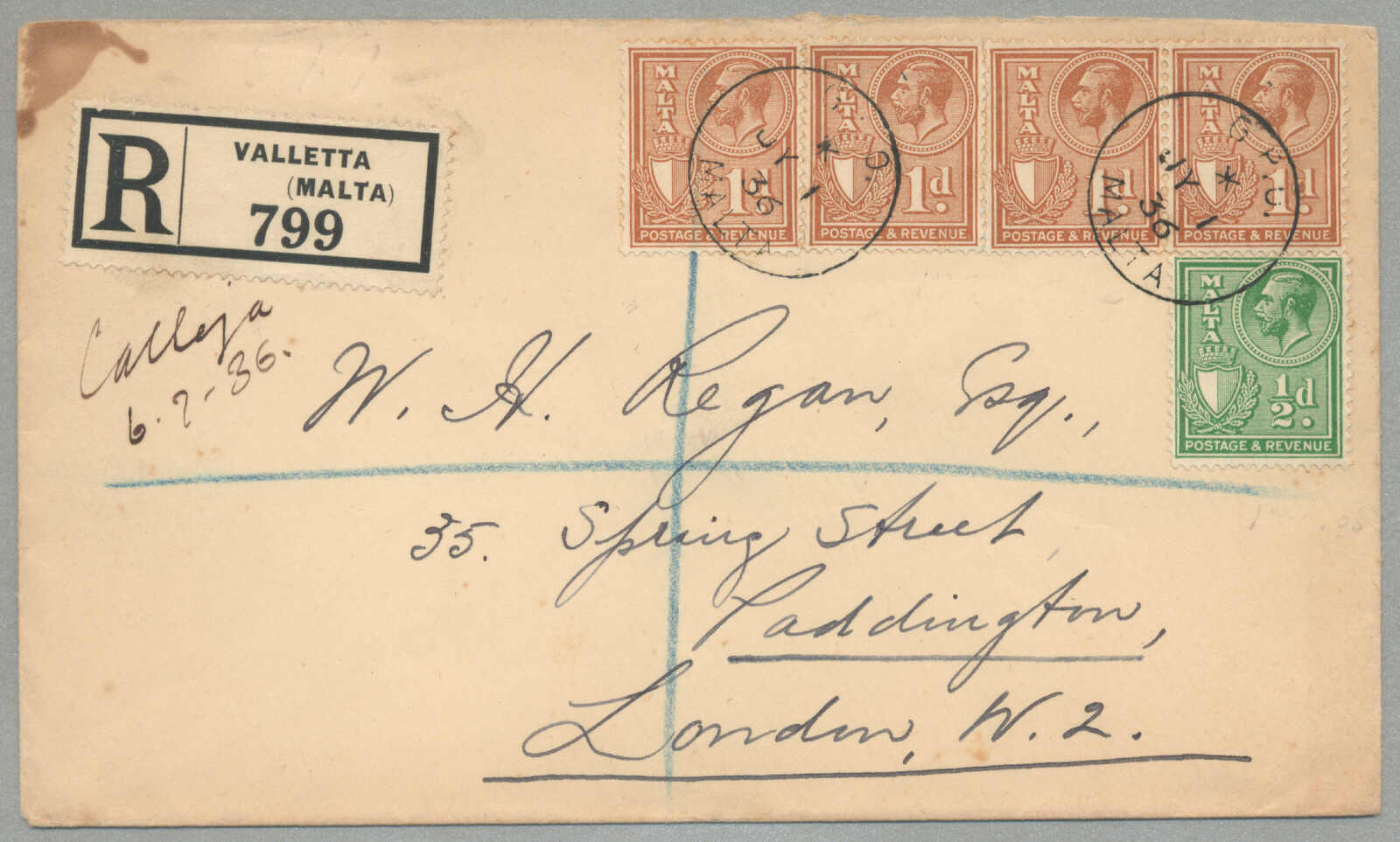 1936, from GPO Malta to London, registered envelope franked with ...
