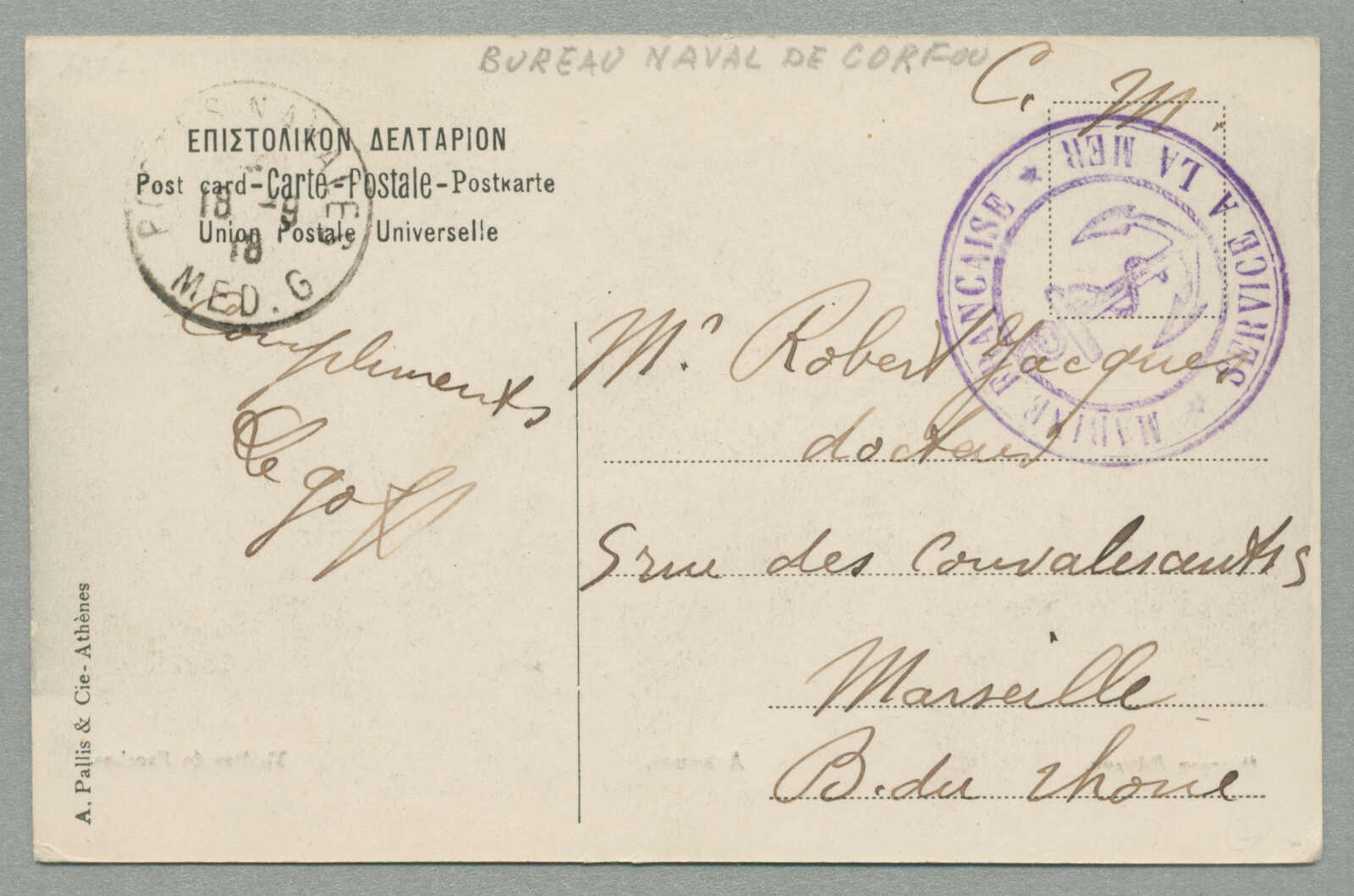 1918, from Corfu, Greece to Marseille, French naval postcard ...