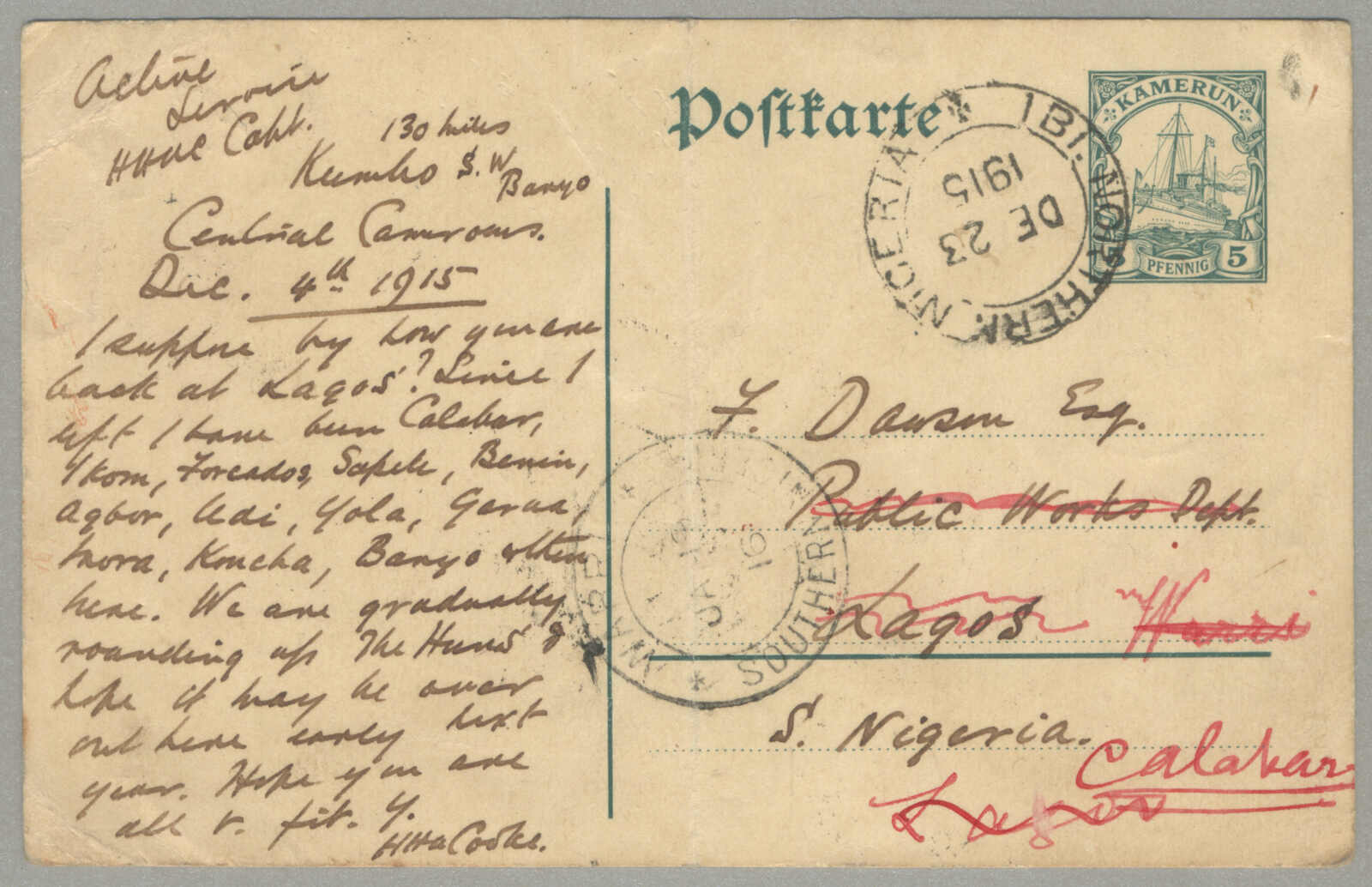 1915, from Kumbo, German Cameroon to Calabar, unsurcharged 5 Pfennig ...