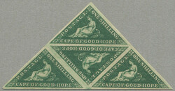 1863, 1 s, deep dark green, imperf block of four, LPOG, magnificently ...