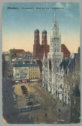 1919, from München to London, picture postcard showing Marienplatz ...