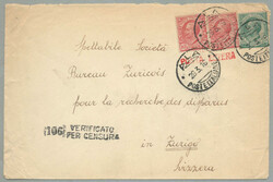 1916, from Ala to Zürich, envelope franked with 10c (2) red and 5c ...