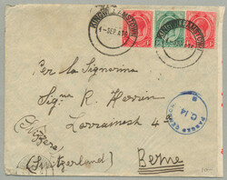 1916, 1/2d green and 1d red (2) on censored cover, perfectly tied by ...