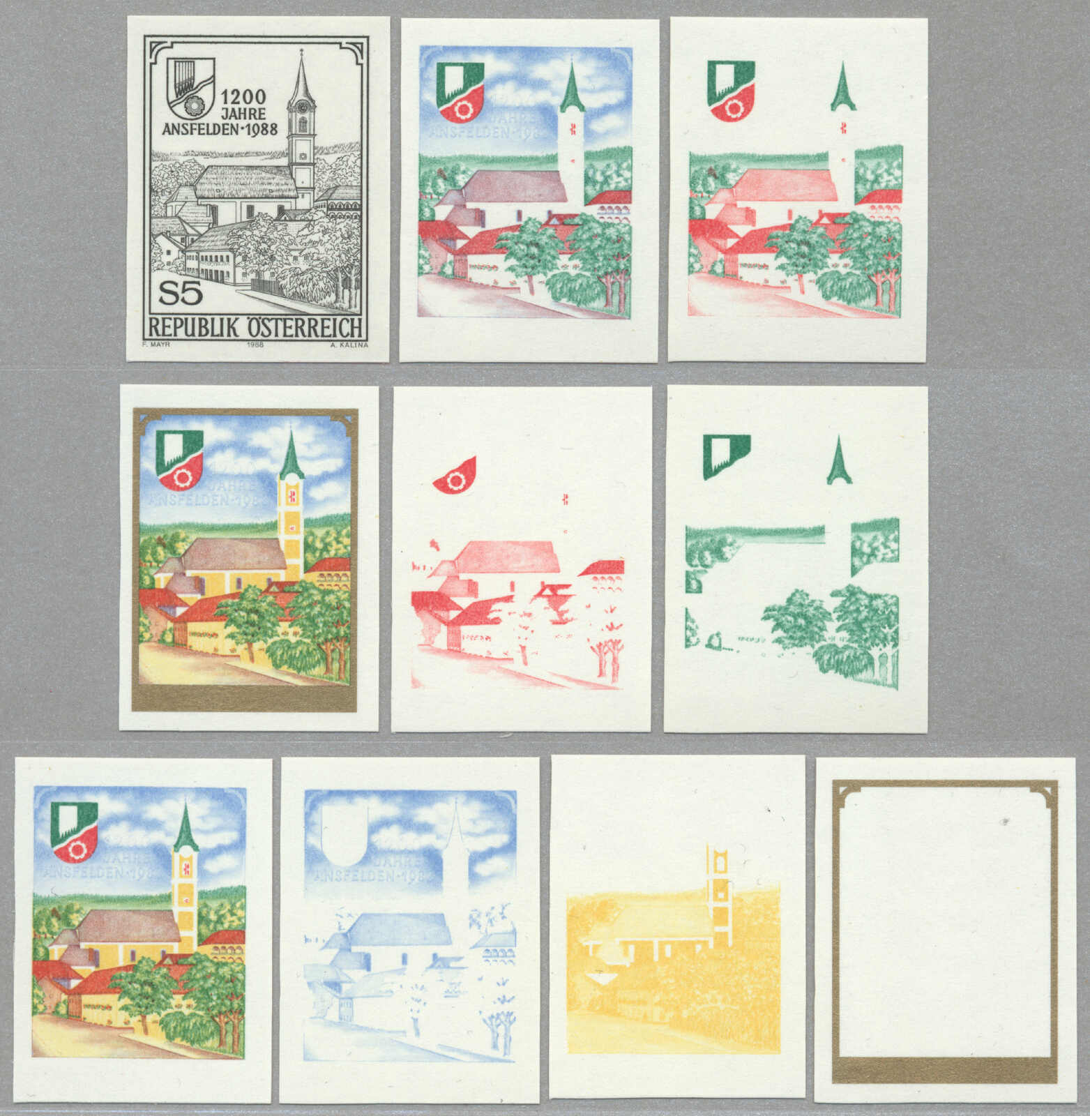 1988, 5 Schilling ungezähnte Phasendrucke der Serie 1200 Jahre ...