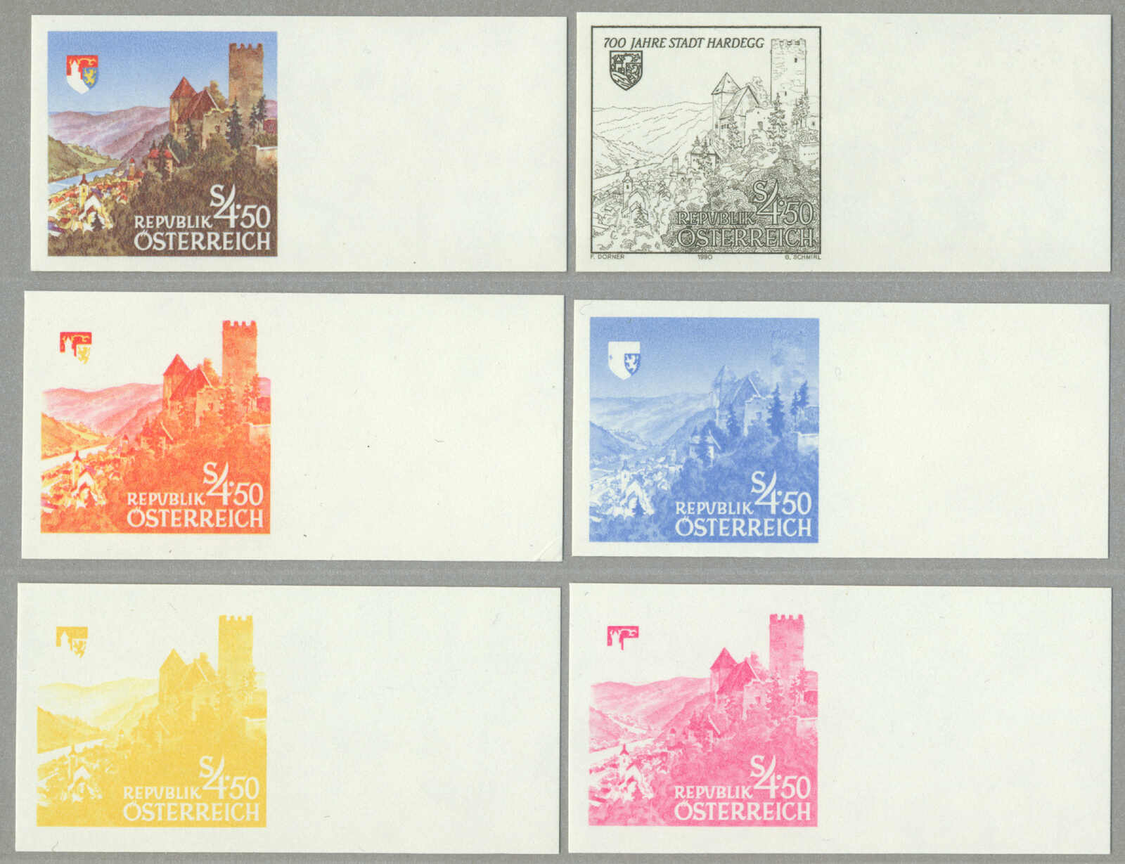 1990, ungezähnte Phasendrucke der 4,50 Schilling Sondermarke zum ...