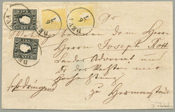 1858, 2 Kreuzer gelb Type II zwei Stück, 3 Kreuzer tiefschwarz Type ...