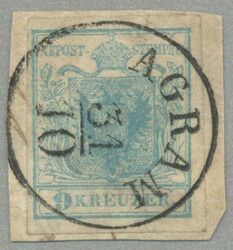 1850, 9 kr, Handpapier, Type I, Bfsk, P61, AGRAM, interessantes P! ...