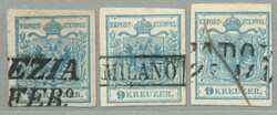 1850, 9 kr, Handpapier, Type I, (3), P280+56, gestempelt mit ...
