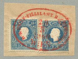 1858, 15+15kr, blau, auf Briefstück, entwertet mit rotem FILIALAMT ...