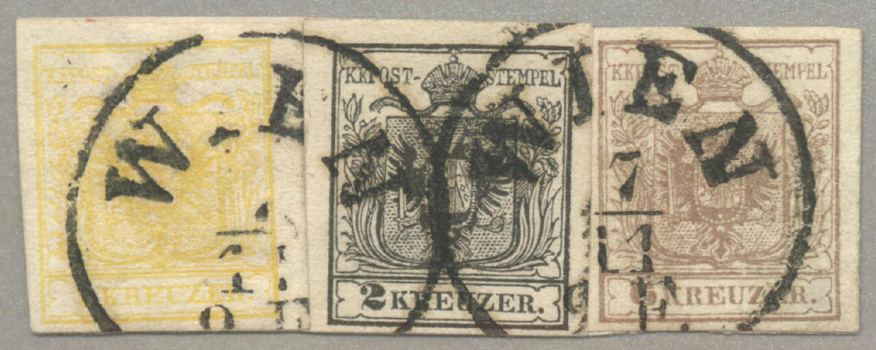 1850, 1+2+6kr, Dreifarben-Buntfrankatur auf Restbriefstück, ...