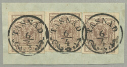 1850, 6 kr, brown, (3), on green piece, TASNAD - 35p, fresh XF! ...