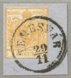 1850, 1 kr, yellow, cut to size - Liliput, on piece, TEMESVAR, signed ...