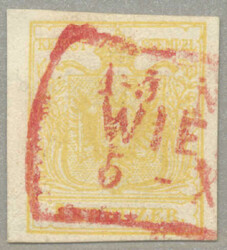 1850, 1kr, gelb, gemaschtes Papier, entwertet roter Schnallenstempel ...