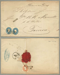 1864, 15+15+10kr, pair and single, on registered letter from OLLMÜTZ ...