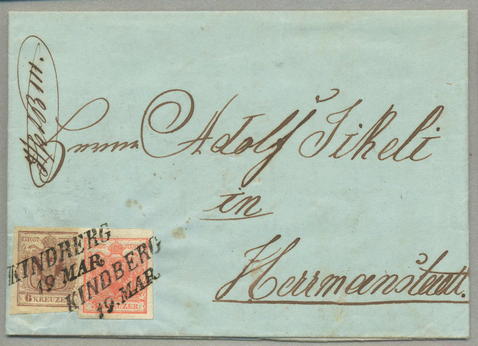 1850, 3 kr und 6 kr, KINDBERG, Müller 1231a, als Bundfrankatur auf ...
