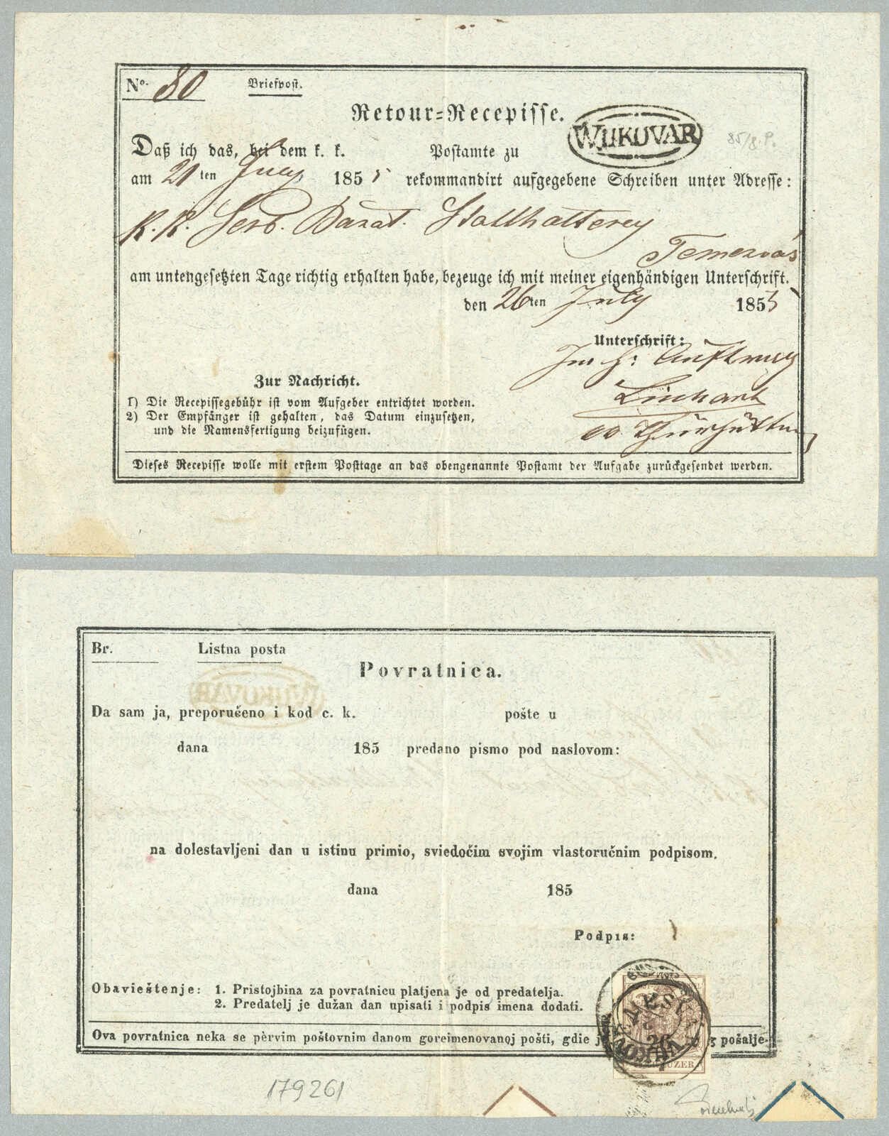 1850, 6 kr, neatly strike of VUKOVAR and TEMESVAR, Müller 3139b, 6p, ...