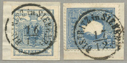 1850+8, 9+15kr, blue, (2), on piece, used BISTRITZ in SIEBENBÜRGEN, ...