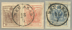 1850, 3+6kr and 9kr, (2), on piece, used NEU ARAD, Müller 20p, very ...