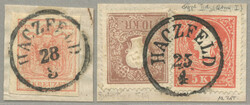 1850+8, 3kr, 10+5kr, (2) on piece, used HACZFELD, Müller 15+12p, ...