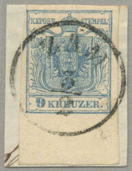 1850, 9kr, blue, bottom margin piece 10mm, on piece, used ZAM, ...