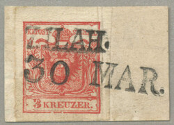 1850, 3 kr, red, used ZILAH, Müller 50p, on piece, ripped paper, ...