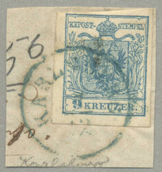 1850, 9kr, blue, on blue piece, light used blue KARLSBURG, Müller ...