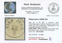 1850, 1kr, yellow, used KISS JENÖ, Müller 35p, cert. Strakosch, ...