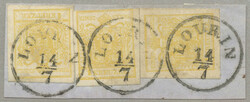 1850, 1kr, yellow, (3), on piece, used LOVRIN, Müller 70p, close to ...