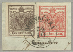 1850, 6+3kr, on piece, DOGNACSKA, Müller 25p, ex Demuth, very fresh ...