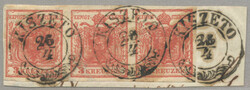1850, 3kr, strip of (3) with two paper folds, KISZETO, Müller 85p, ...