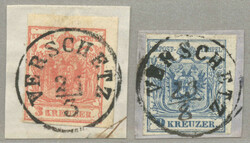 1850, 3+9kr, (2), VERSCHETZ, Müller 4p, very fresh and desirable, ...