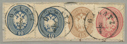 1863/64, 10+10+15+5 sld of 1863/4, on piece, GALLATZ, Müller 25p, ...