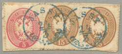 1863, 5+15+15 sld, on piece, blue JASSY, Müller 80p, very fresh and ...