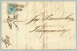 1850, 9kr, blue, Type I, early usage 7. JUN 1850, on letter from ...