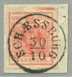 1850, 3kr, red, on piece, top with bar, SCHAESSBURG, fresh, XF! ...