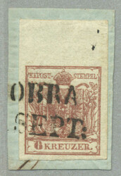 1850, 6kr, brown, huge top margin piece - 10mm, on piece, (D)OBRA - ...