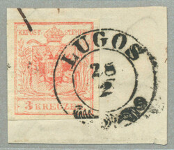 1850, 3kr, red, on piece, LUGOS, fresh, XF! Schätzpreis 100€.