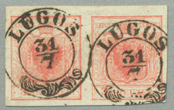 1850, 3kr, red, pair, underlaid center, LUGOS, signed Puschmann, ...