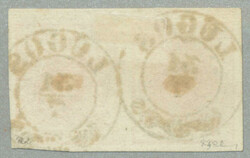 1850, 3kr, red, pair, underlaid center, LUGOS, signed Puschmann, ...