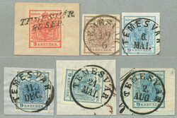 1850, 3-9kr, small lot of (6), one 9kr Type I, four pieces, TEMESVAR, ...