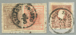 1850/58, 6+3kr, 10kr, (2) pieces, SZILAGY SOMLYO - 20+15p, fresh, XF! ...