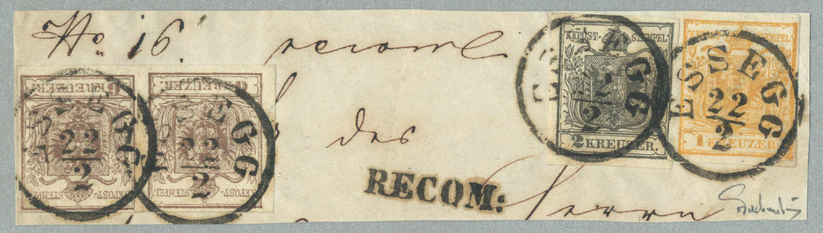 1850, 2+1+6+6kr, (4), on piece, three coloured franking, cancelled ...