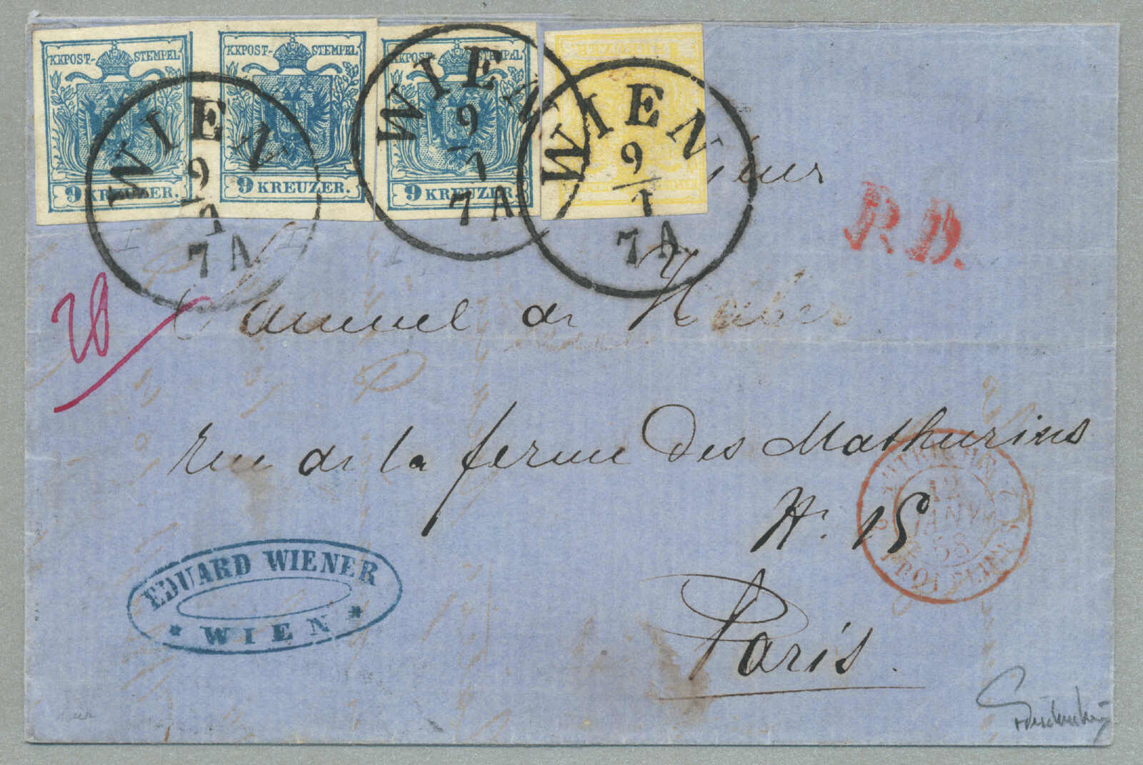 1850, three times 9 kr/blue and 1 kr/chrome yellow on full letter ...