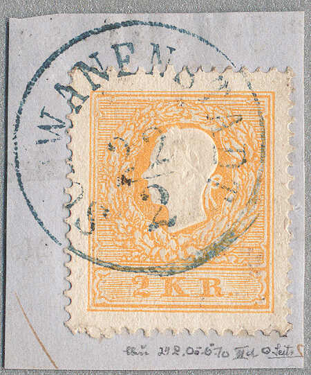 1858, 2 kr, orange, Type II, SCHWANENSTADT in blau, Müller 2570b, 30 ...