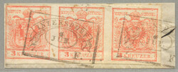 1850, 3 kr, Type III, Maschinenpapier, Dreierstreifen, Fahnenstempel ...